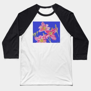 Pink Lily Flower Watercolor Painting Pattern - on Navy Blue Baseball T-Shirt